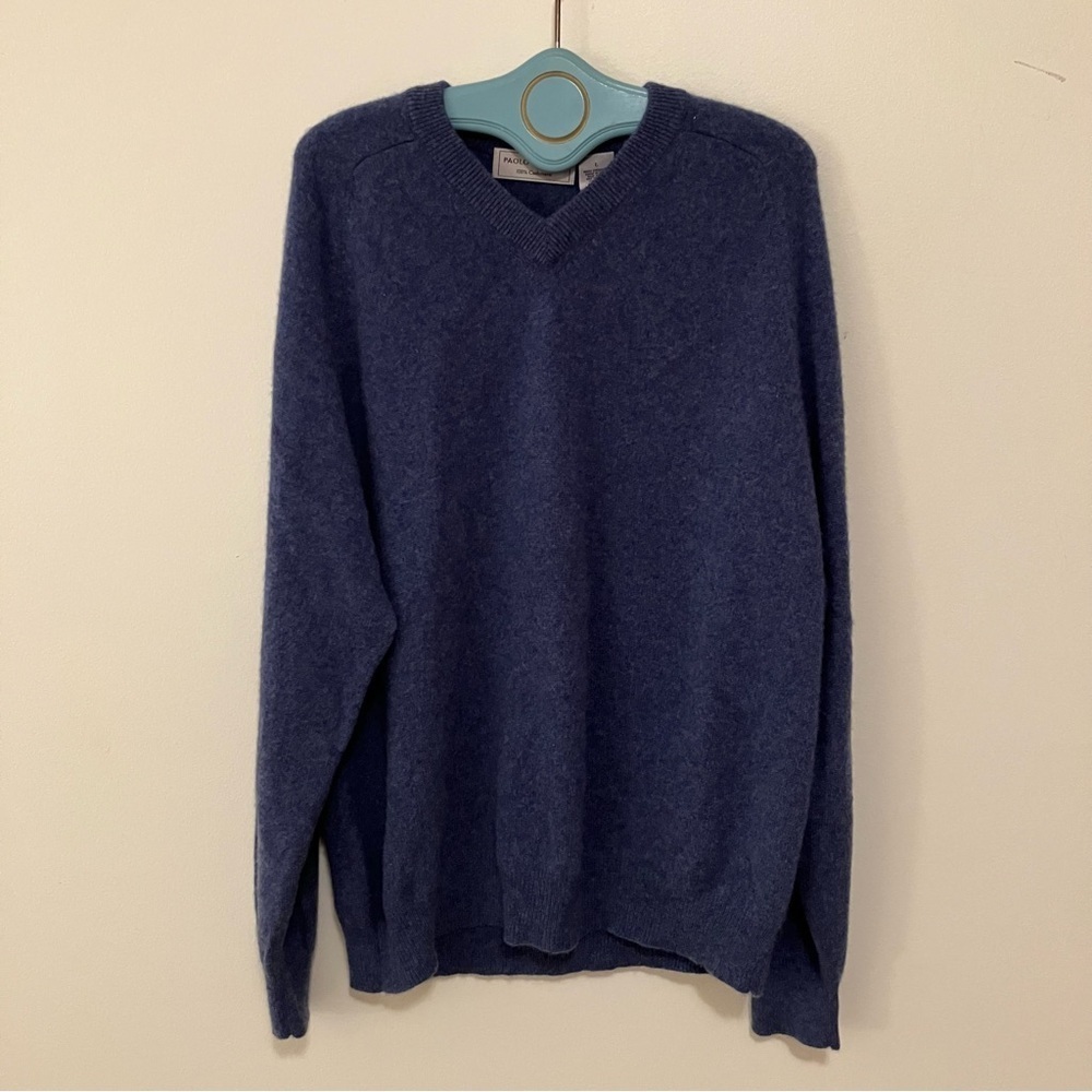 Men’s Cashmere Sweater Large Blue Heathered V Neck Classic Preppy Nautical